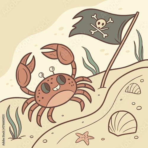 Cute cartoon crab with pirate flag on a sandy beach with seashells and seaweed