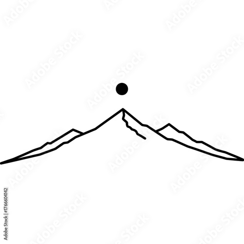 Minimalist mountain peak with a solitary sun or moon above, evoking serenity and adventure in a clean, modern graphic style.