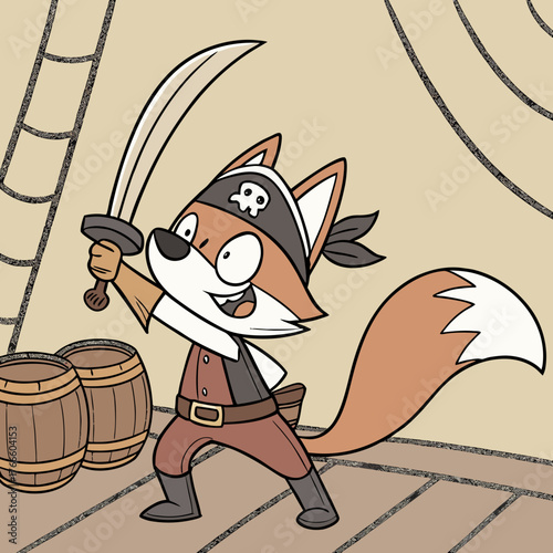 Cute cartoon fox dressed as a pirate holding a sword on a ship deck