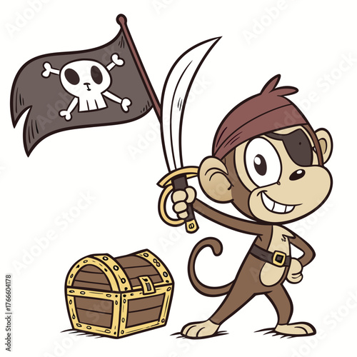Cute cartoon monkey pirate with sword treasure chest and skull flag