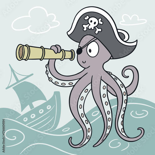 Cute cartoon octopus wearing a pirate hat and using a spyglass on a ship at sea