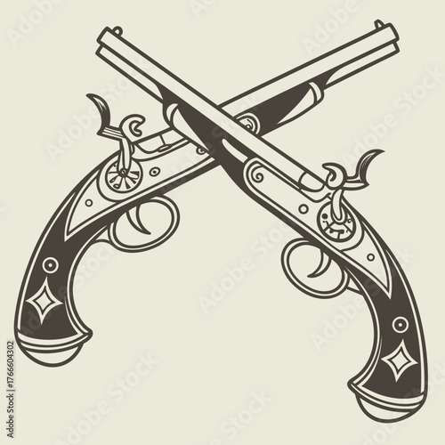 Elegant vintage flintlock pistols crossed in a classic duel pose
