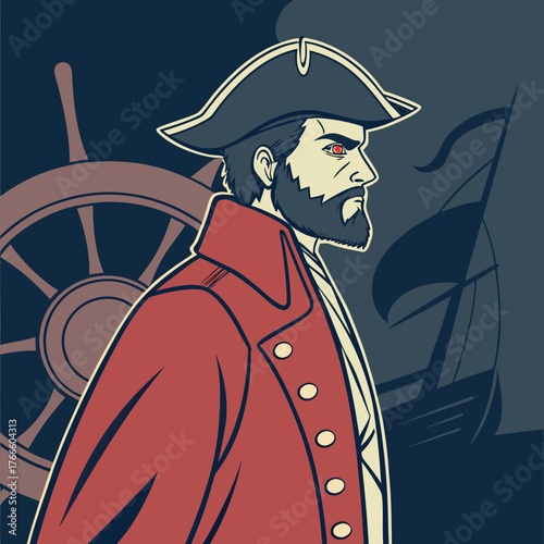 Fierce pirate captain in red coat with ship s wheel and sailing ship background