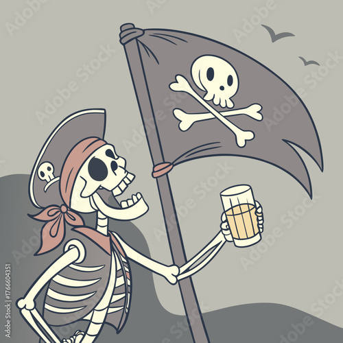 Joyful skeleton pirate holding a drink and jolly roger flag