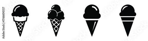 ice cream cone icon set, black color and white background
