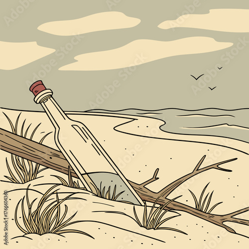 Message in a bottle washed ashore on a sandy beach with driftwood and seagrass