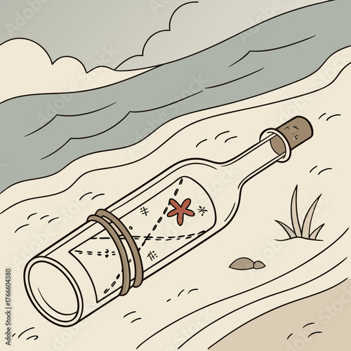 Message in a bottle with treasure map washes ashore on a sandy beach
