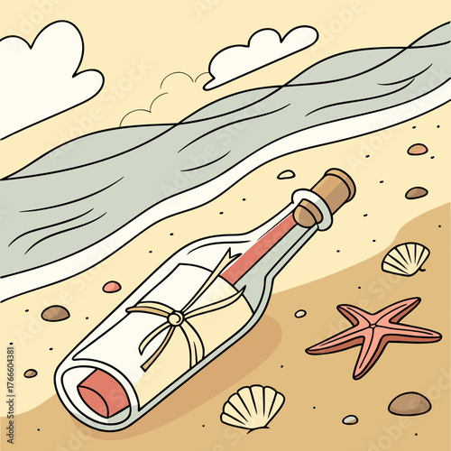 Message in a bottle washed ashore on a sandy beach with shells and starfish