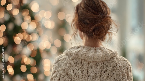 A young woman with a stylish bun, wearing a cozy sweater, gazes at a beautifully lit Christmas tree with warm bokeh lights.