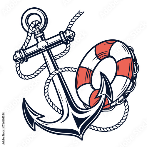 Nautical anchor and lifebuoy illustration with rope elements