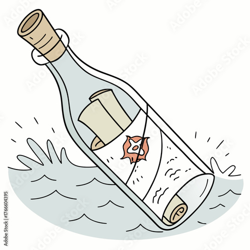 Message in a bottle floating in the ocean with waves and a wax seal