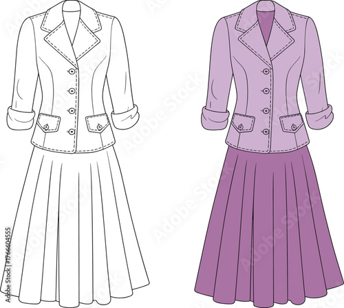 Fashion outfit illustration, tailored jacket, pleated skirt design, clothing CAD, apparel drawing, fashion sketch, coloring page, vector, design, garment artwork
