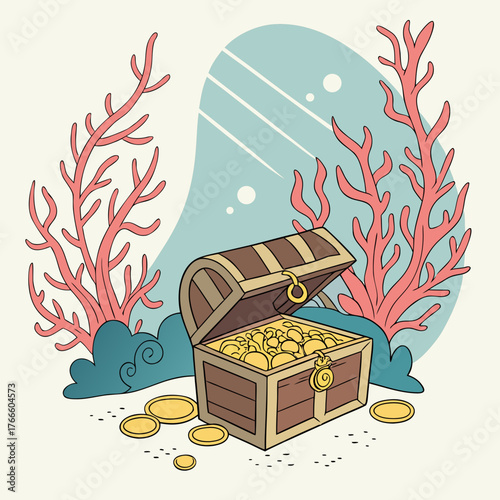 Open treasure chest overflowing with gold coins on the ocean floor surrounded by coral