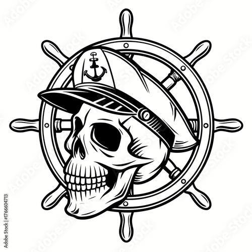 Skull wearing a captain s hat with an anchor emblem sits in front of a ship s steering wheel