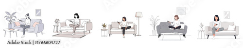 Minimalist Vector Illustration of Women Sitting on Sofa Holding Remote in Cozy Modern Living Room