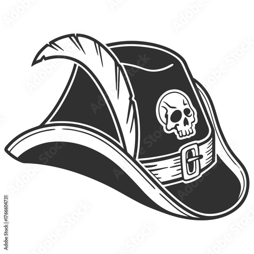 Stylized black and white illustration of a pirate hat with a skull emblem and feather