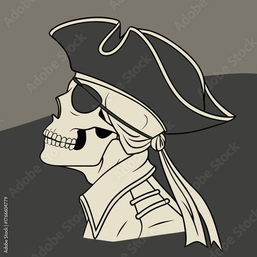 Stylized skeleton pirate wearing tricorne hat and eyepatch in profile
