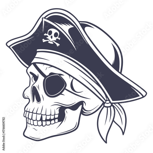 Stylized pirate skull with eye patch and bandana wearing a tricorn hat