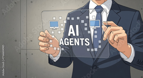 Vision of AI Agents in Hand: A professional in a modern suit, with an innovative and professional image. Holding a transparent digital display with AI AGENTS prominently displayed.