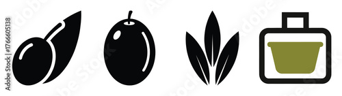 olive minimal flat icon set, black color and white background