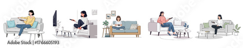 Modern Flat Vector Illustration of Women Sitting on Sofa Holding Remote Control in Cozy Minimalist Living Room