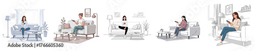 Modern Flat Vector Illustration of Woman Sitting on Sofa Holding Remote Control Watching TV in Cozy Living Room