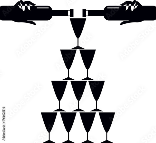 Champagne Pours Stacked Glasses.
Champagne pours pyramid of glasses. Black and white illustration
