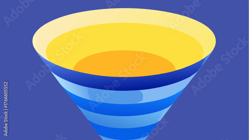 A topdown view of a wide funnel with layered segments that gradually shift in gradient from royal blue at the top to soft pastel yellow below.