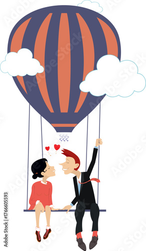 Man and woman fall in love. Air balloon.
Heart symbol. Happy man and woman fly up on the air balloon

