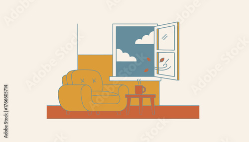 Armchair sitting next to an open window with autumn leaves blowing inwards, a steaming coffee cup on a side table creating a cozy and relaxing seasonal atmosphere