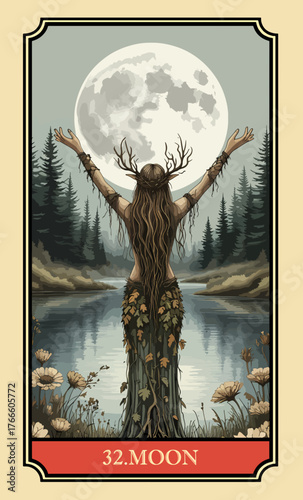 The moon. A comic-style fantasy card from the Lenormand Oracle deck. The classic 5:3 ratio for divination cards.