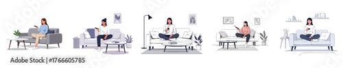Modern Illustration of Woman Sitting on Sofa with Remote Control in Cozy Living Room