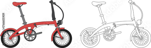 Folding bicycle illustration, compact bike drawing, red frame artwork, transport design, eco-friendly travel, line art sketch, cycling, mobility, education, lifestyle