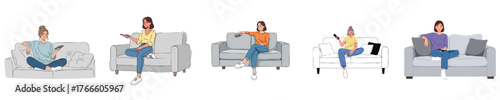 Woman Sitting on Sofa Holding Remote Control Watching TV in Cozy Living Room Vector Illustration
