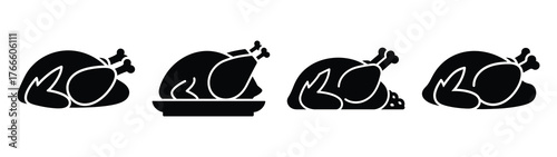 roast turkey minimal icon set, black color and white background