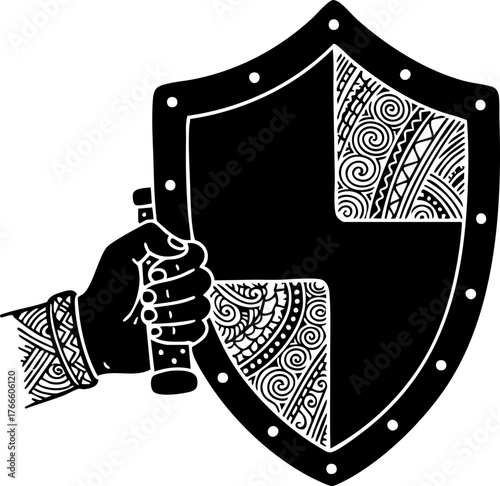 Strong hand grips ornate shield ready for defense, symbolizing protection, security, and ancient heritage in a bold, graphic style