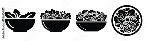 salad bowl minimal icon set, black color and white background
