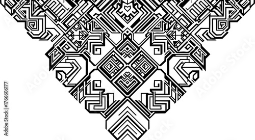 Intricate geometric pattern evoking ancient tribal art and modern digital design for sophisticated branding and unique decorative applications.