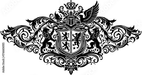Elegant heraldic crest with lions, eagle, shield, and ornate flourishes evokes prestige, heritage, and timeless sophistication for luxury branding.