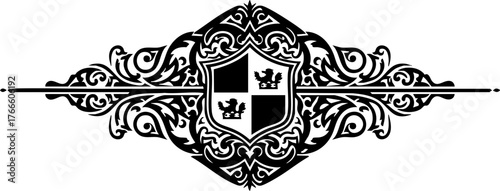 Elegant heraldic crest with intricate floral scrollwork and regal lion emblems symbolizing heritage and tradition