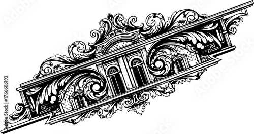 Elegant architectural flourish with ornate scrollwork and classical building facade for vintage design projects