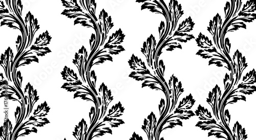 Elegant black and white floral flourish pattern with intricate swirling leaf details, perfect for classic decorative applications and sophisticated design projects.