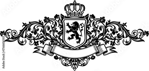 Elegant heraldic emblem featuring a crowned lion rampant on shield with ornate scrollwork and blank banner for customization