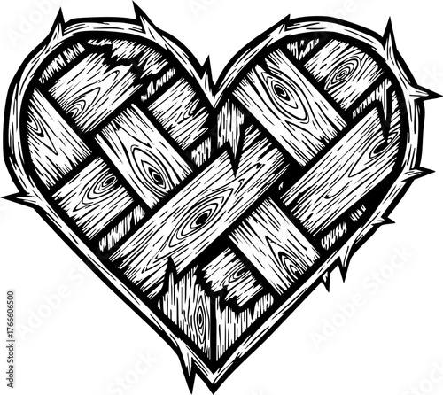Rough, weathered wooden heart symbol with a distressed, rustic texture, evoking themes of enduring love and resilience against hardship.