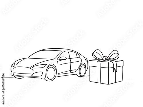 line electrocar with Christmas presents on white background