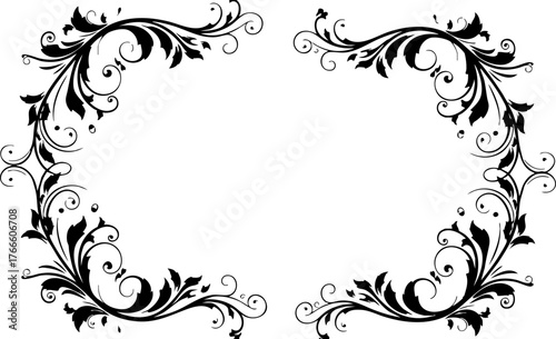 Elegant black floral corner ornaments create a sophisticated border, perfect for invitations, certificates, and decorative designs, adding a timeless charm.