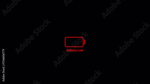  Simple low battery animation. Digital red low battery icon on black transparent Loop background. Blinking low battery animation.