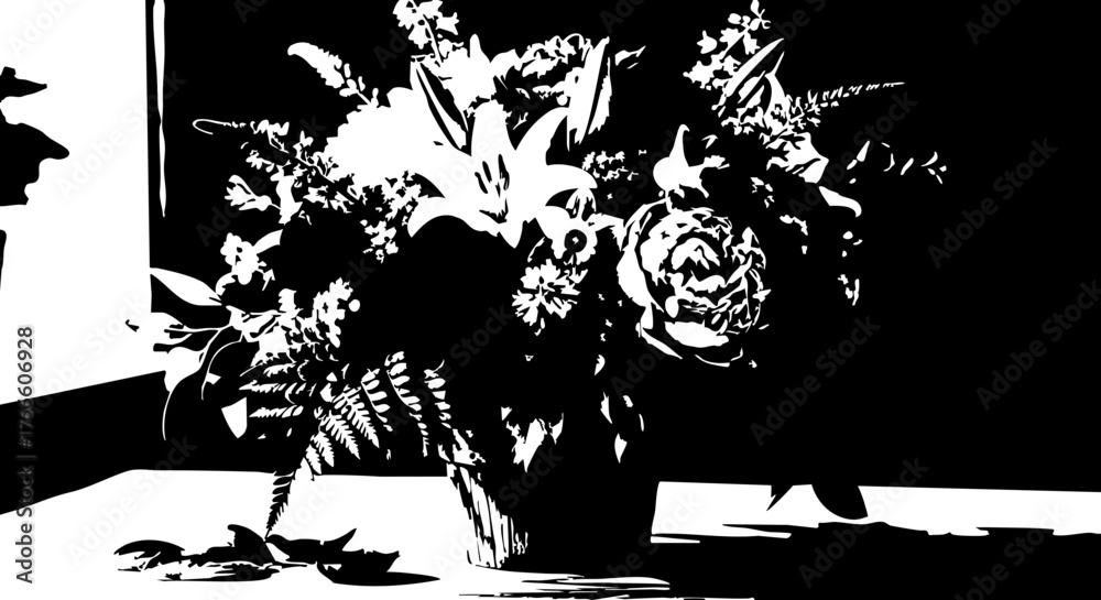 Obraz premium Elegant floral arrangement with lilies and roses, a timeless centerpiece for sophisticated decor and artistic inspiration, capturing natural beauty.