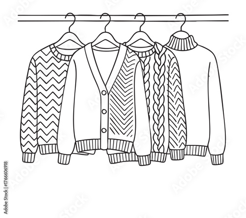 line sketch sweaters and cardigan, white and black different textures on hangers on white background