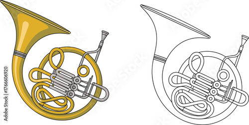 French horn illustration, brass instrument drawing, music education artwork, orchestra instrument, coloring page, classical music, vector, design, art, education